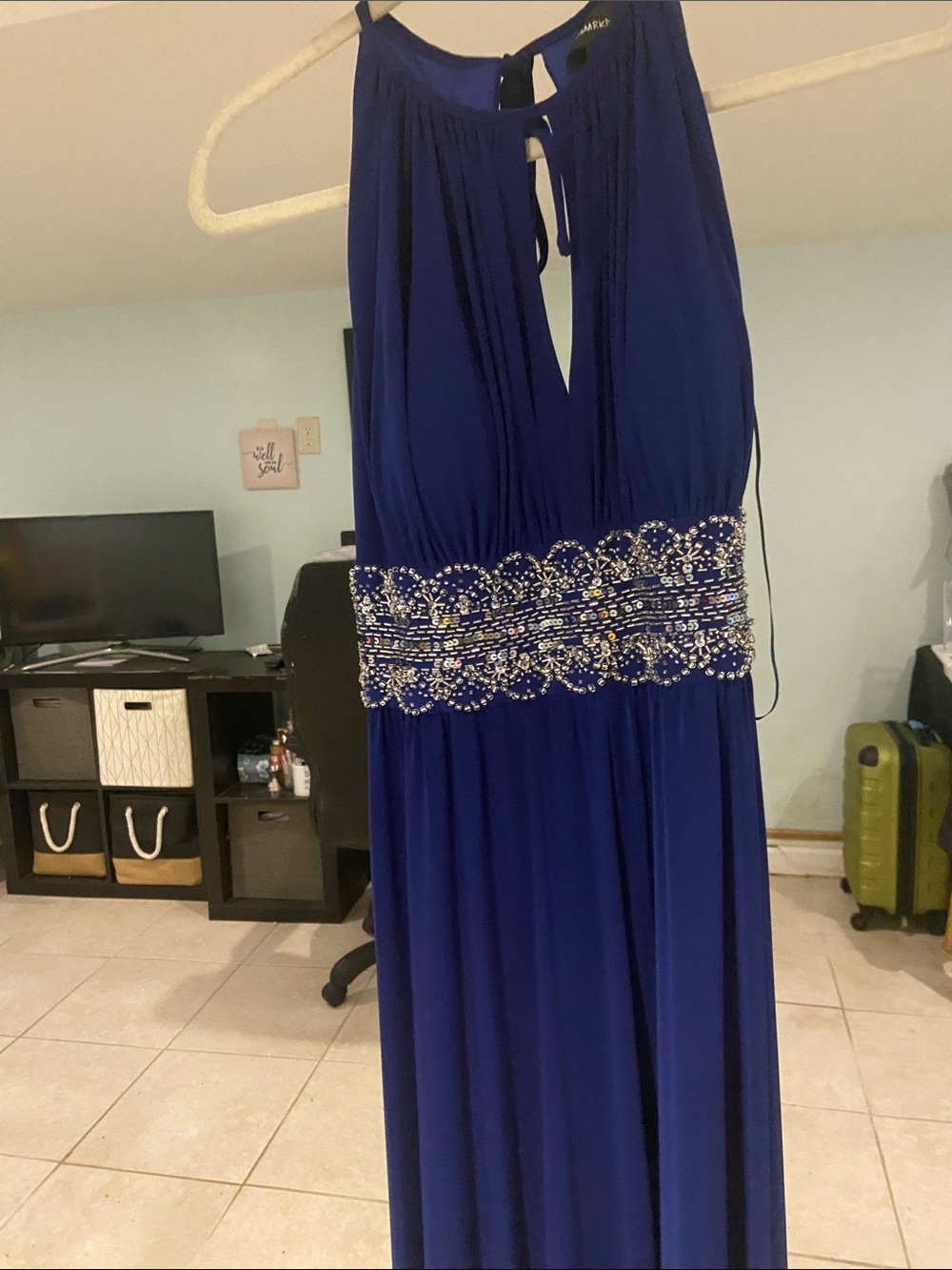 R&M Richards Royal Blue Beaded Waist Maxi Dress